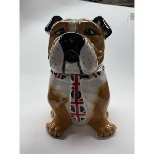 British Bulldog Ceramic Cookie Jar Wearing a Union Jack Necktie 9 Inches Tall